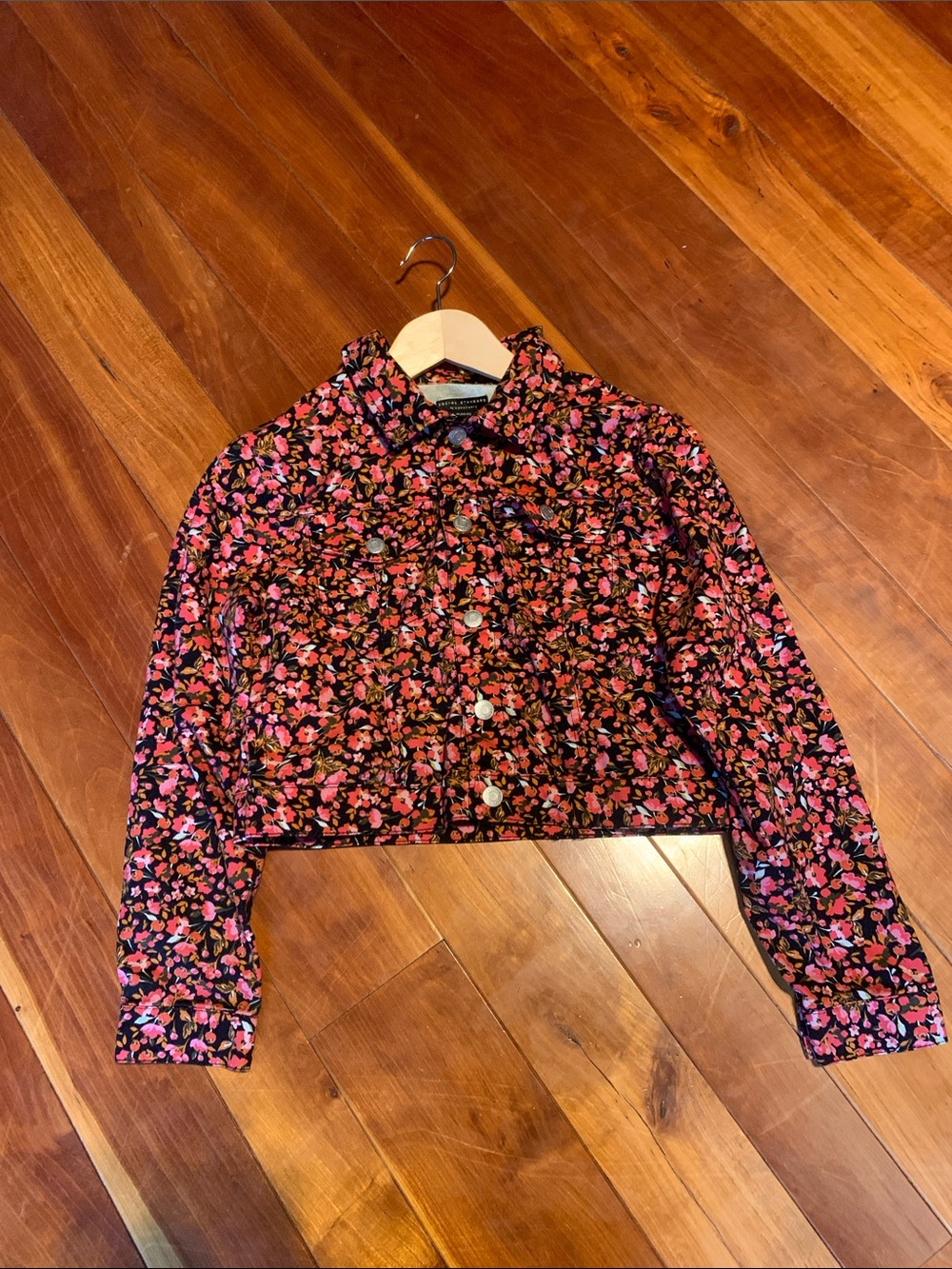 Girls' Floral Black & Pink Cropped Jean Jacket